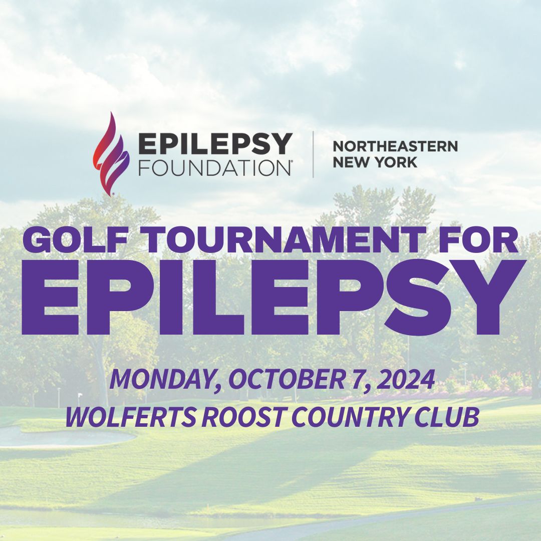 Background image depicts a golf course. The Epilepsy Foundation of Northeastern New York logo is placed above text that reads: Golf Tournament for Epilepsy. Monday, October 7, 2024. Wolferts Roost Country Club.