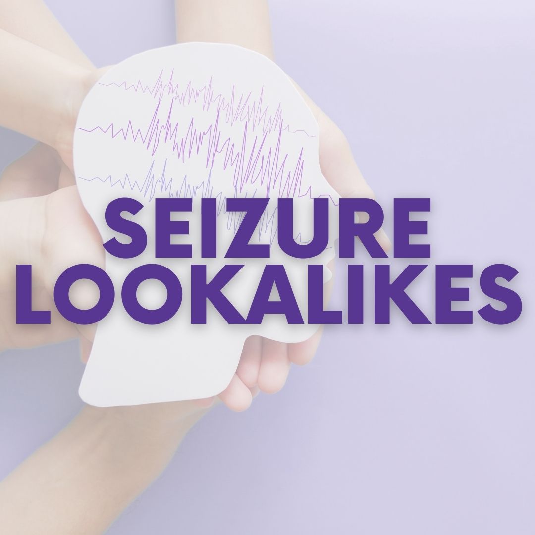 Hands in front of a purple background holding a silhouette cutout of a head that has brain waves on it. Text reads: Seizure Lookalikes