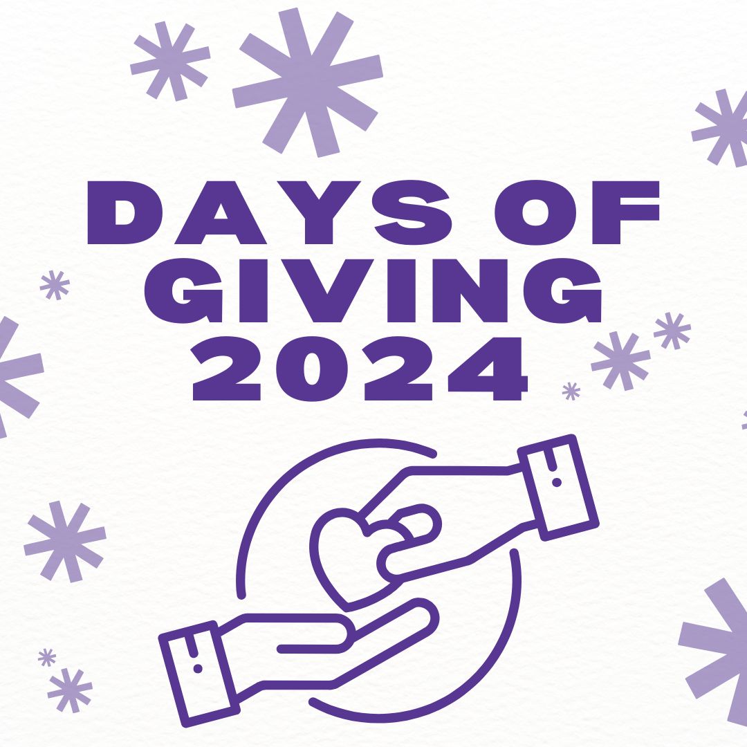 Textured white background with an icon of one hand giving another hand a heart. There are many purple starburst-shaped icons of different sizes around the image. Text reads: Days of Giving 2024.