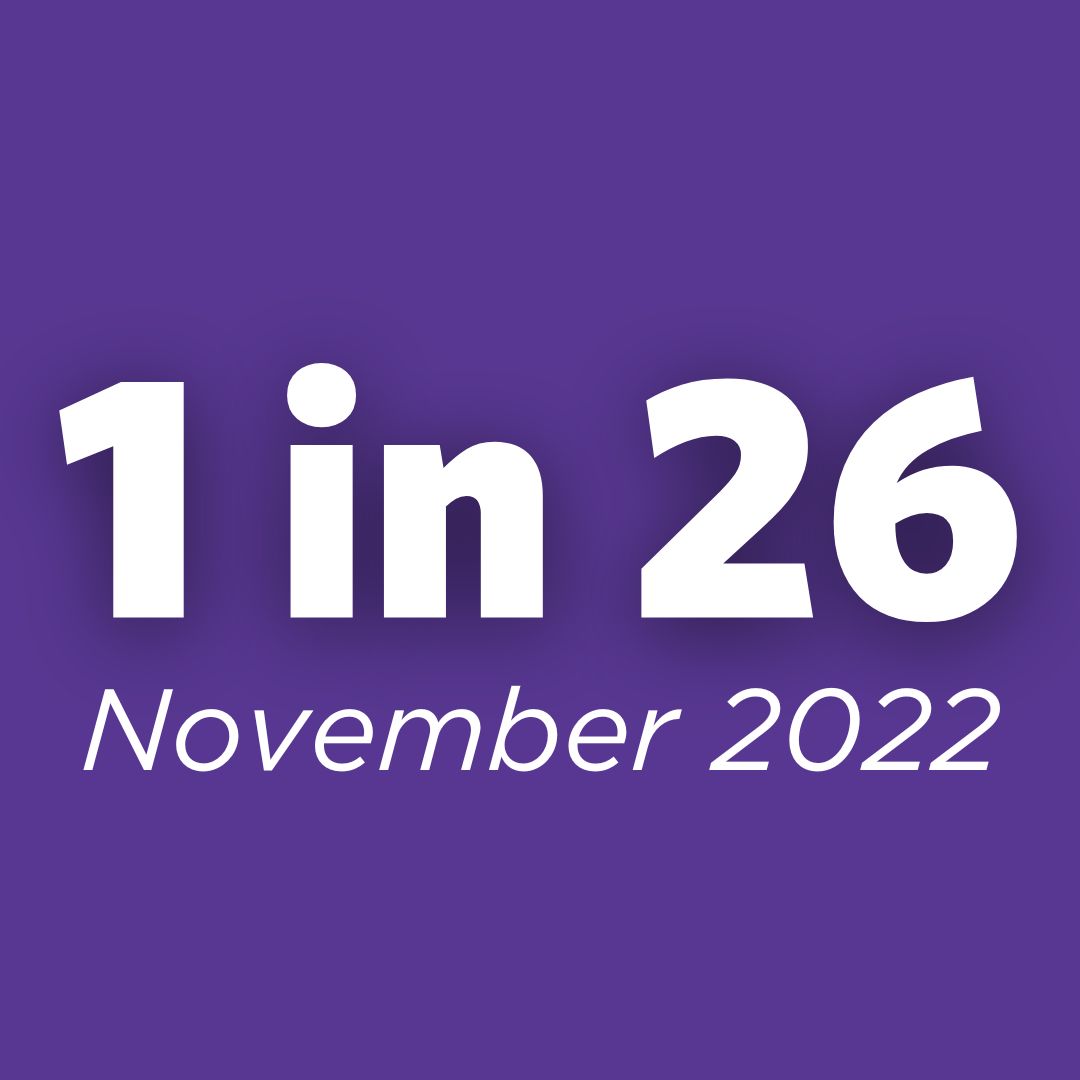 The words "1 in 26, November 2022" in white text on a purple background.